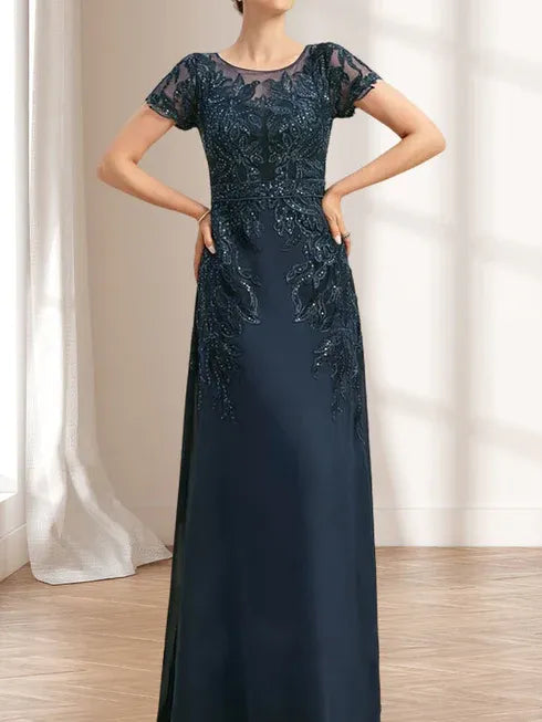 Floor-Length Lace Chiffon Mother of the Bride Dress with Sheath/Column Scoop Illusion and Sequins