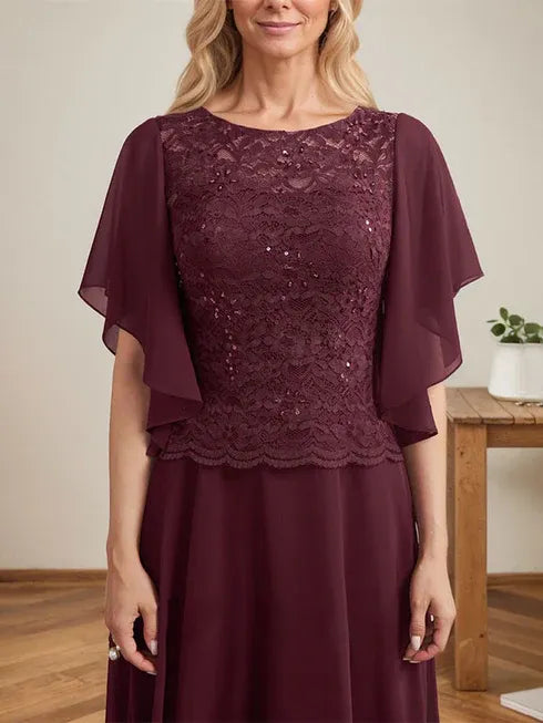 A-Line Scoop Neck Illusion Floor-Length Lace Chiffon Mother of the Bride Dress with Sequins