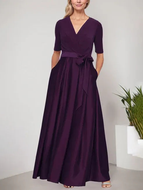 Surplice Neckline Ballgown with Full Satin Skirt and Jersey Bodice