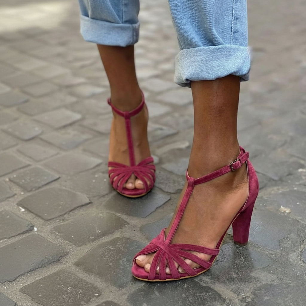Mildred – Suede T-Strap Wide Block Sandals
