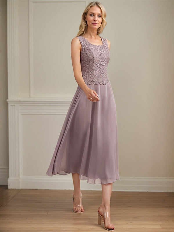 A-Line Scoop Neck Tea-Length Lace Chiffon Mother of the Bride Dress