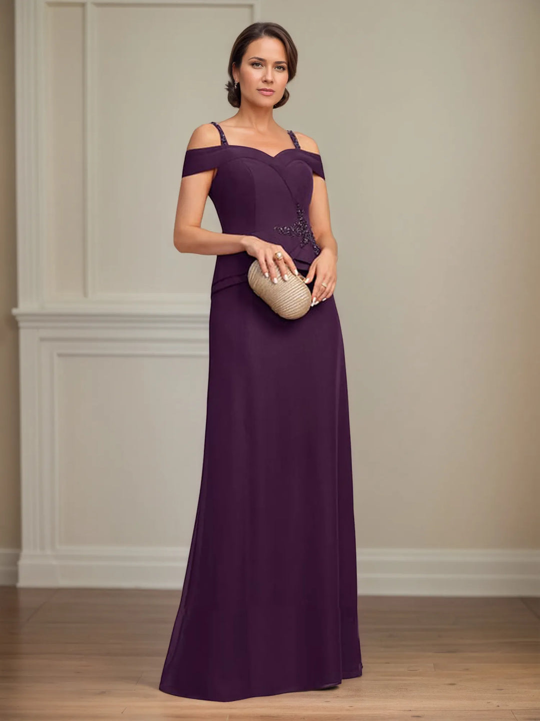 A-Line Cold Shoulder Floor-Length Chiffon Mother of the Bride Dress with Beading and Sequins