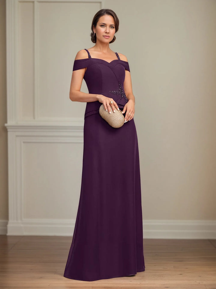 A-Line Cold Shoulder Floor-Length Chiffon Mother of the Bride Dress with Beading and Sequins