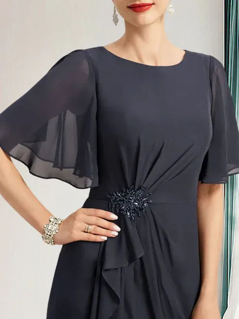 A-Line Scoop Floor-Length Chiffon Mother of the Bride Dress with Cascading Ruffles, Beading, and Sequins