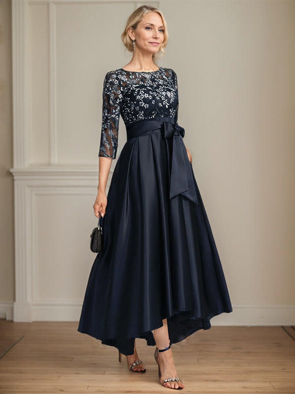 A-Line Scoop Neck Illusion Asymmetrical Satin Lace Mother of the Bride Dress with Bow