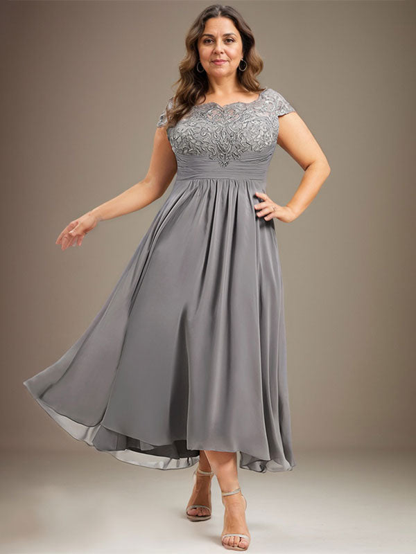 A-Line Scoop Neck Illusion Asymmetrical Lace Chiffon Mother of the Bride Dress with Pleats