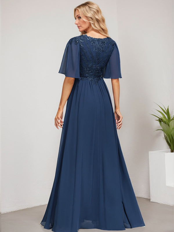 A-Line V-Neck Floor-Length Lace Chiffon Mother of the Bride Dress with Sequins
