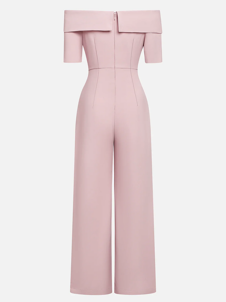 Women's Pink 3D Floral Off-Shoulder Short Sleeve Dressy Jumpsuit