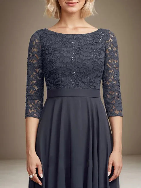 A-Line Scoop Neck Tea-Length Lace Chiffon Mother of the Bride Dress with Sequins