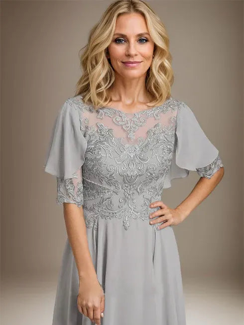A-Line Scoop Neck Illusion Asymmetrical Chiffon and Lace Mother of the Bride Dress with Beading