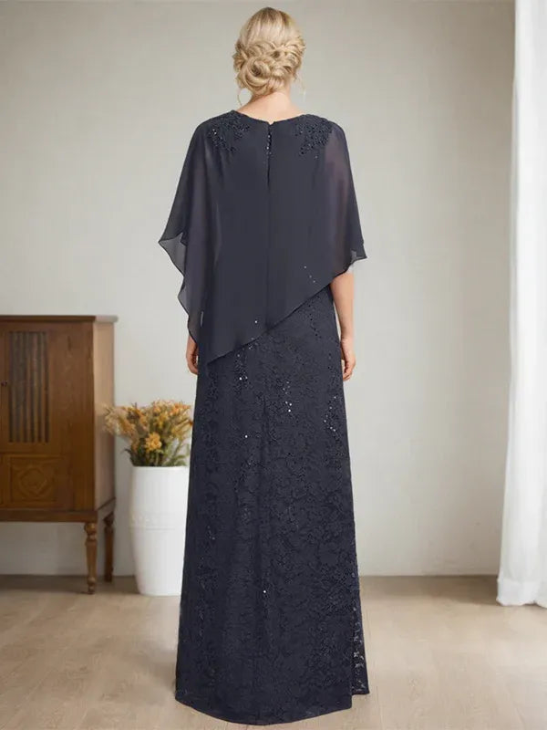 Floor-Length Chiffon Lace Sheath Dress with Sequins and Beading for Mother of the Bride