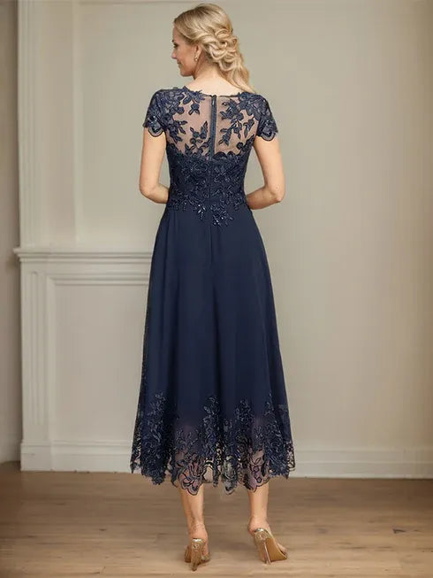 A-Line Illusion Scoop Tea-Length Lace Chiffon Mother of the Bride Dress with Sequins