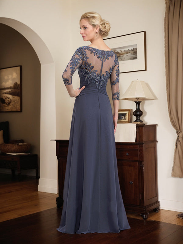 A-Line Scoop Neck Illusion Floor-Length Lace Chiffon Mother of the Bride Dress with Cascading Ruffles