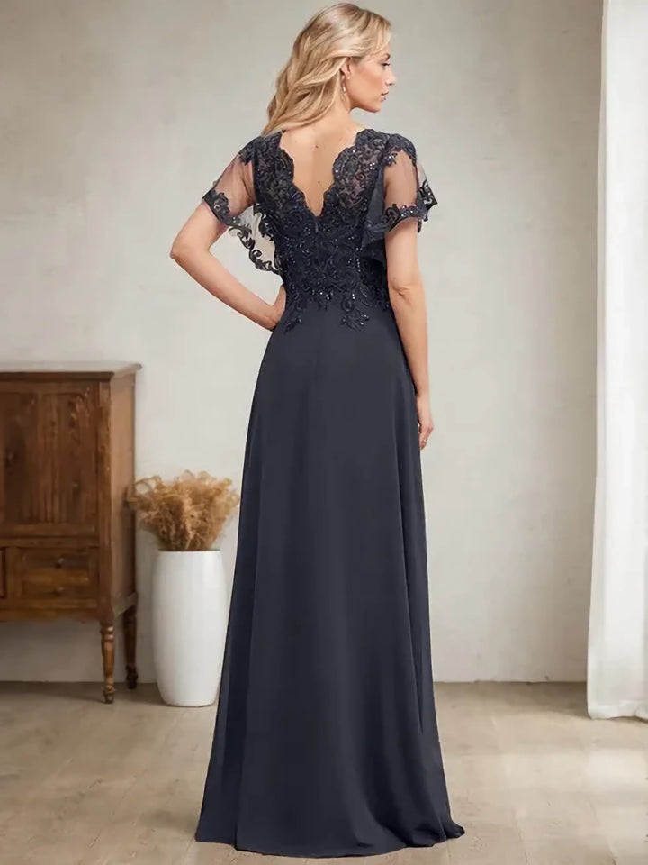 A-Line V-Neck Floor-Length Lace Chiffon Mother of the Bride Dress with Sequins