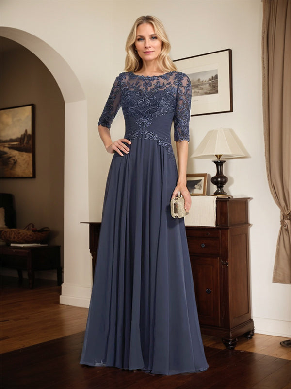 A-Line Scoop Neck Illusion Floor-Length Chiffon and Lace Mother of the Bride Dress with Pleated Sequins