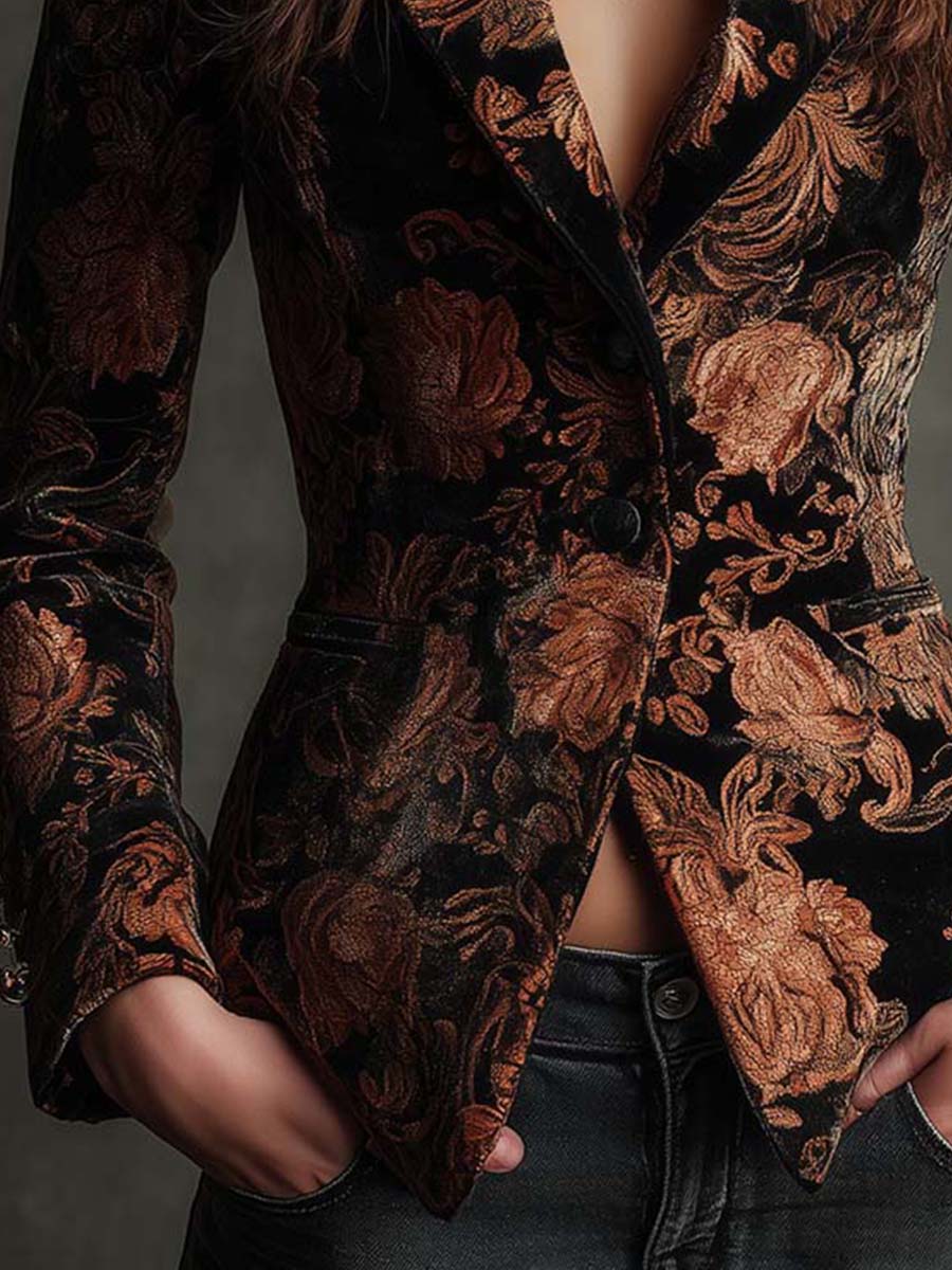 Women's Black And Bronze Floral Print Tailored Blazer