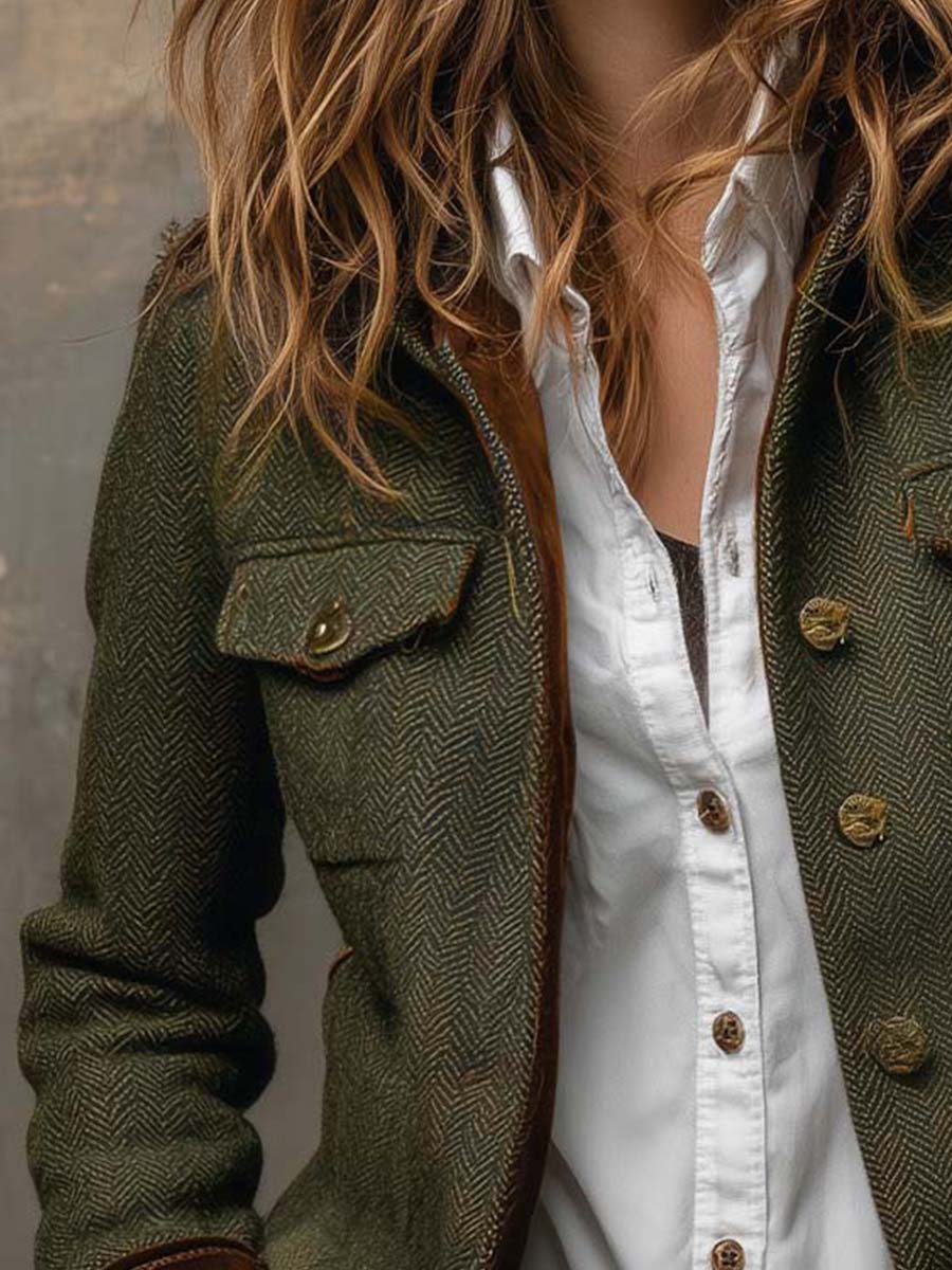 Women's Vintage Herringbone Contrast Trim Blazer