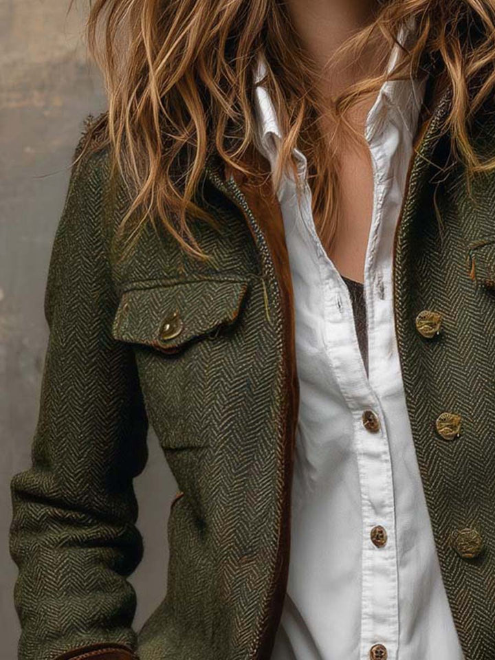 Women's Vintage Herringbone Contrast Trim Blazer