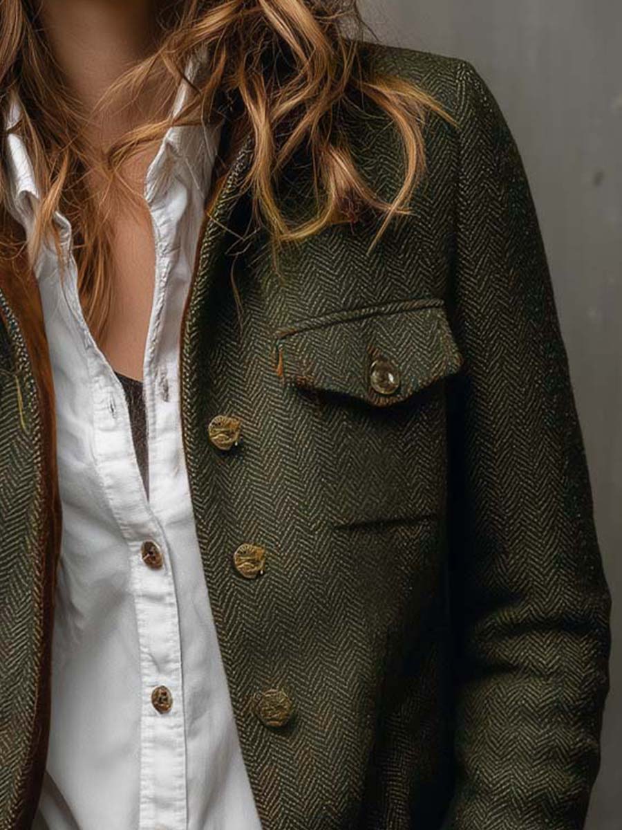 Women's Vintage Herringbone Contrast Trim Blazer