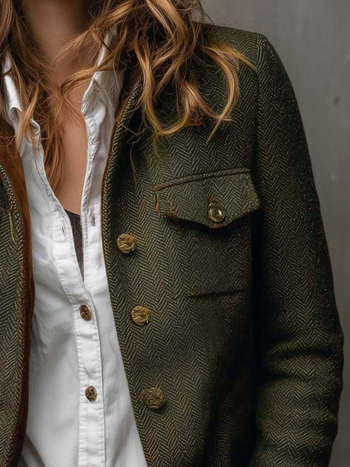 Women's Vintage Herringbone Contrast Trim Blazer