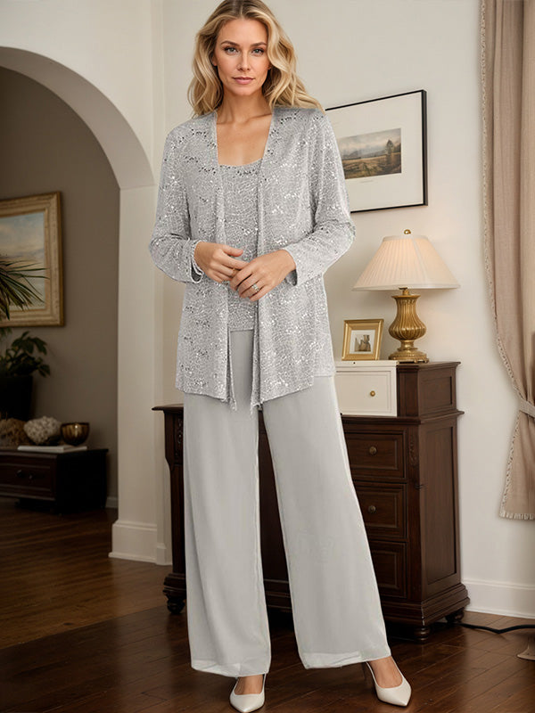 Chiffon Mother of the Bride Pantsuit Set with Jacket and Sequins