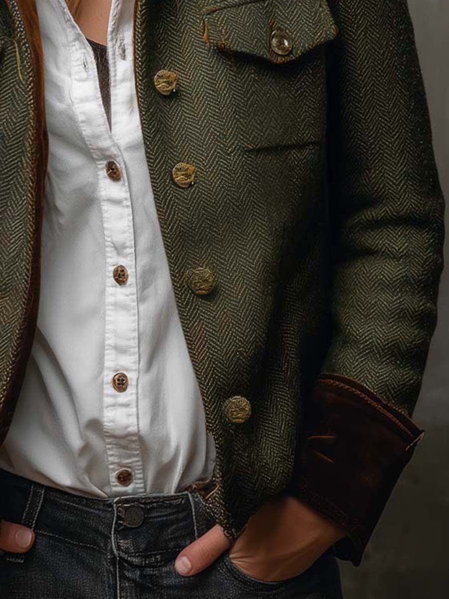 Women's Vintage Herringbone Contrast Trim Blazer
