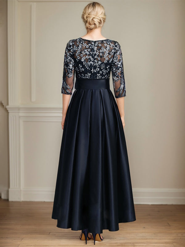 A-Line Scoop Neck Illusion Asymmetrical Satin Lace Mother of the Bride Dress with Bow