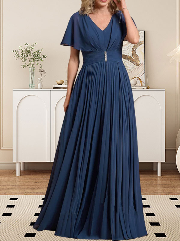 A-Line V-Neck Floor-Length Chiffon Mother of the Bride Dress with Crystal Brooch and Pleated Design