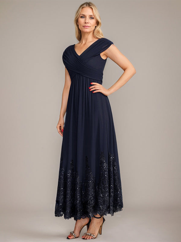 A-Line V-Neck Chiffon Mother of the Bride Dress with Appliqué and Sequins, Ankle-Length