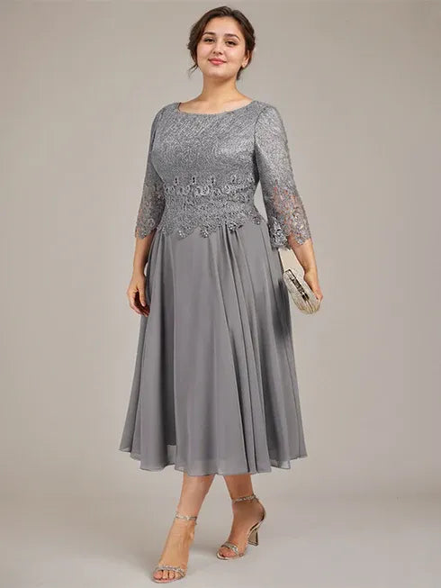 A-Line Scoop Neck Tea-Length Lace Chiffon Mother of the Bride Dress