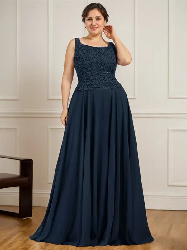 A-Line Square Neck Floor-Length Lace and Chiffon Mother of the Bride Dress with Sequins