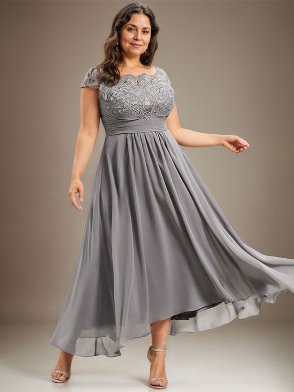 A-Line Scoop Neck Illusion Asymmetrical Lace Chiffon Mother of the Bride Dress with Pleats