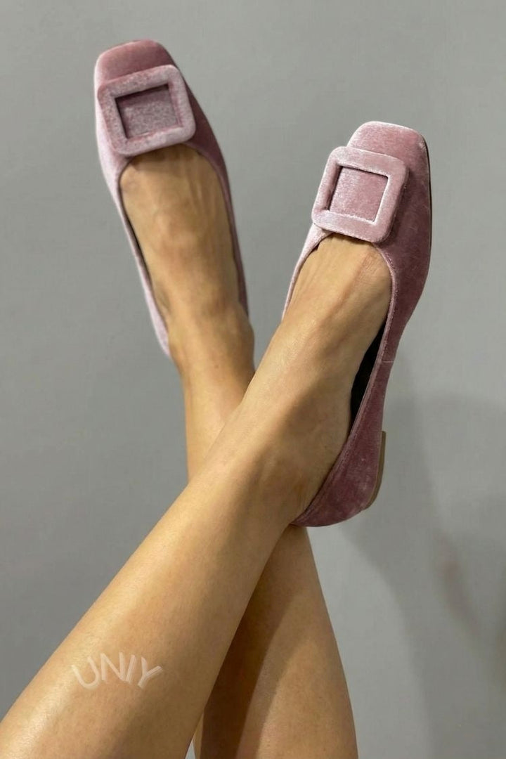 Natalia | Square-Toe Velvet Buckle Flats