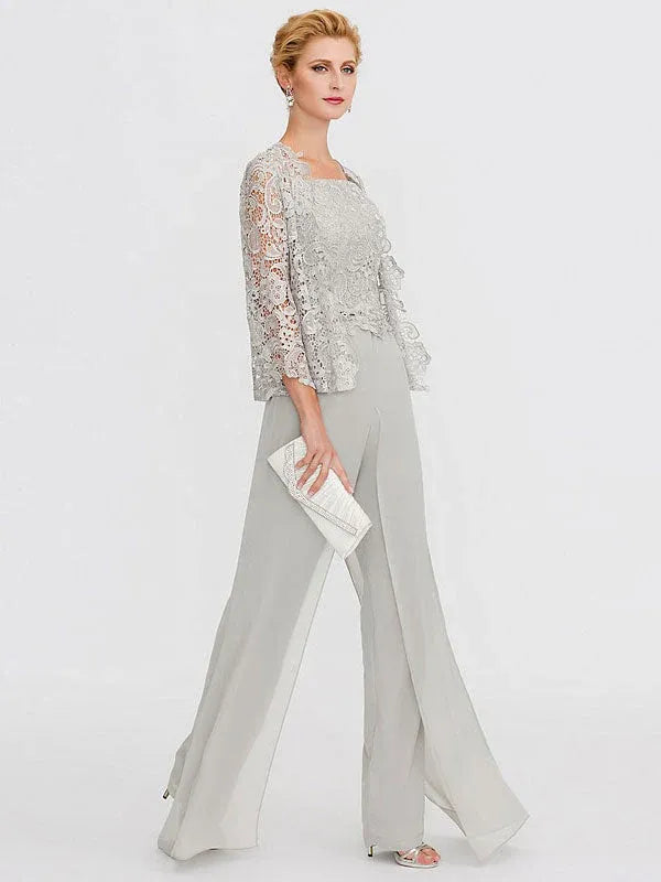 3-Piece Chiffon Square Neck Mother of the Bride Pantsuit Set with Jacket