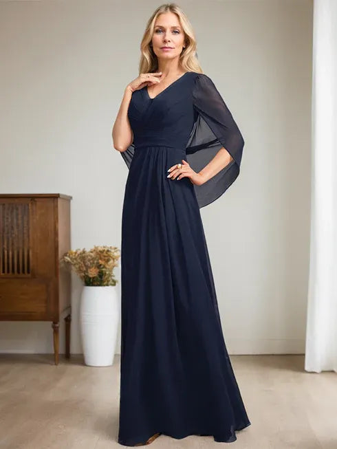 Dark Navy A-Line V-Neck Long Mother of the Bride Dress