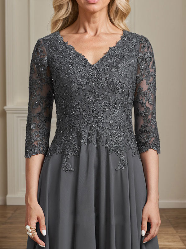 A-Line V-Neck Tea-Length Chiffon and Lace Mother of the Bride Dress with Beading and Sequins