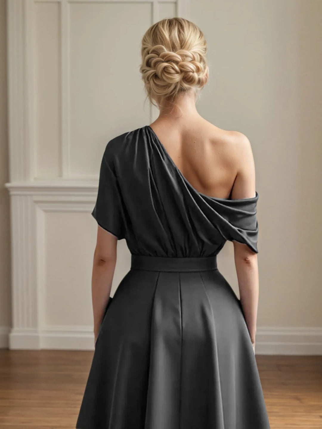 One-Shoulder Satin A-Line Pleated Ankle-Length Mother of the Bride Dress
