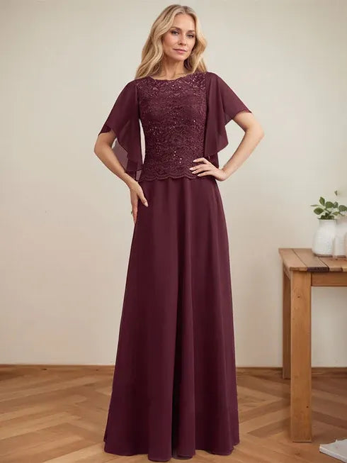 A-Line Scoop Neck Illusion Floor-Length Lace Chiffon Mother of the Bride Dress with Sequins