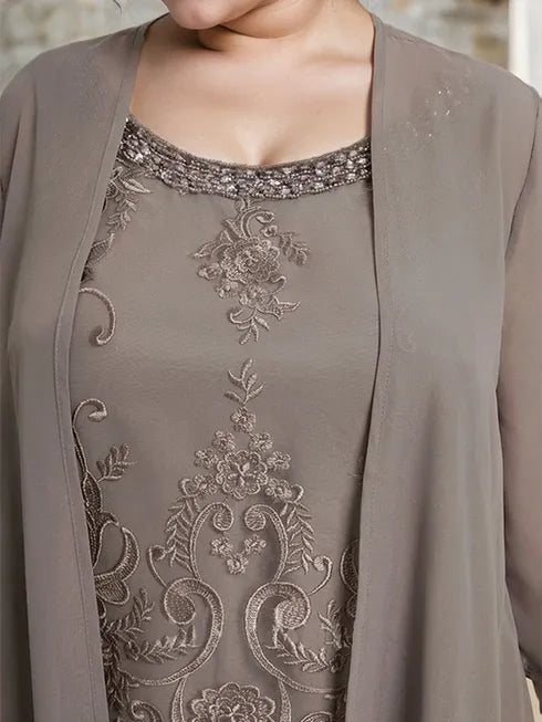 Floor-Length Chiffon Lace Mother of the Bride Jumpsuit/Pantsuit with Scoop Neck, Beading, and Sequins