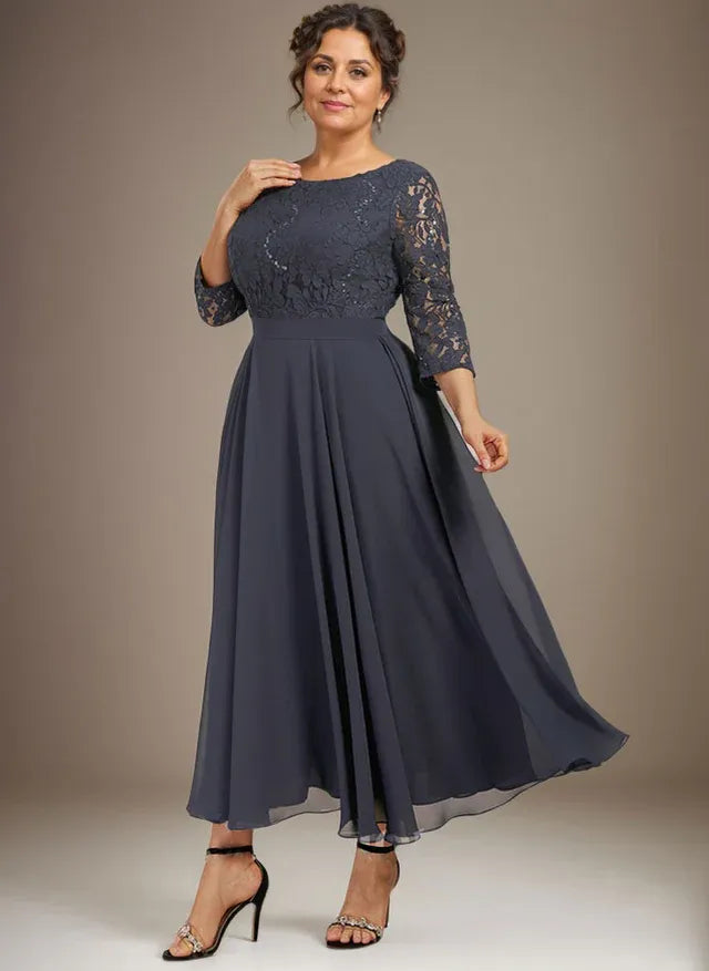 A-Line Scoop Neck Tea-Length Lace Chiffon Mother of the Bride Dress with Sequins