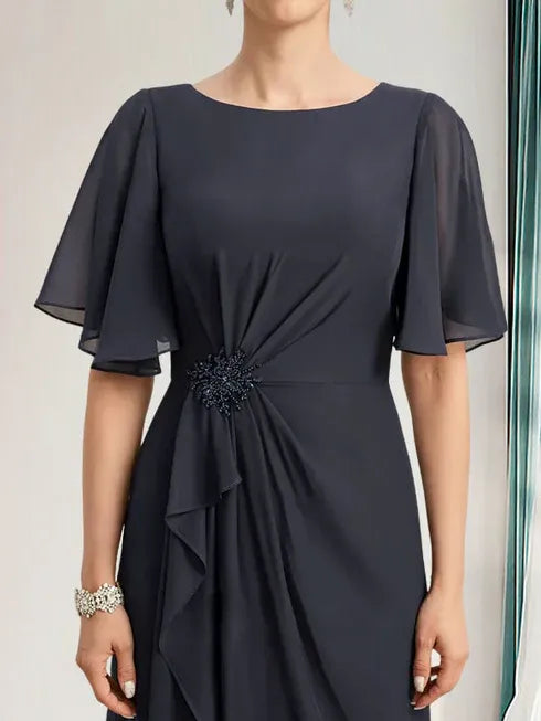 A-Line Scoop Floor-Length Chiffon Mother of the Bride Dress with Cascading Ruffles, Beading, and Sequins