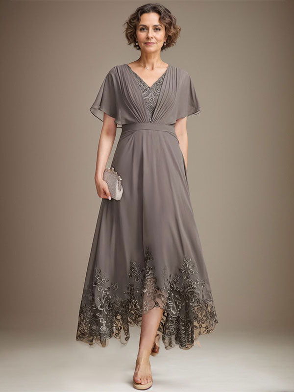 A-Line V-Neck Asymmetrical Lace Chiffon Mother of the Bride Dress with Pleats
