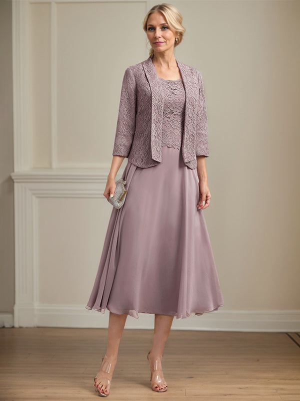 A-Line Scoop Neck Tea-Length Lace Chiffon Mother of the Bride Dress