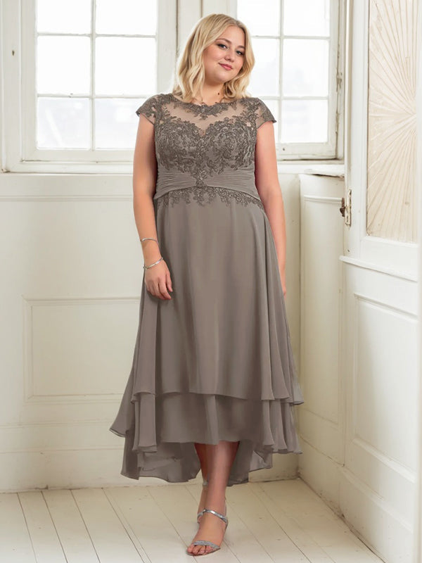 A-Line Boat Neck Illusion Asymmetrical Chiffon Lace Mother of the Bride Dress with Applique and Pleats