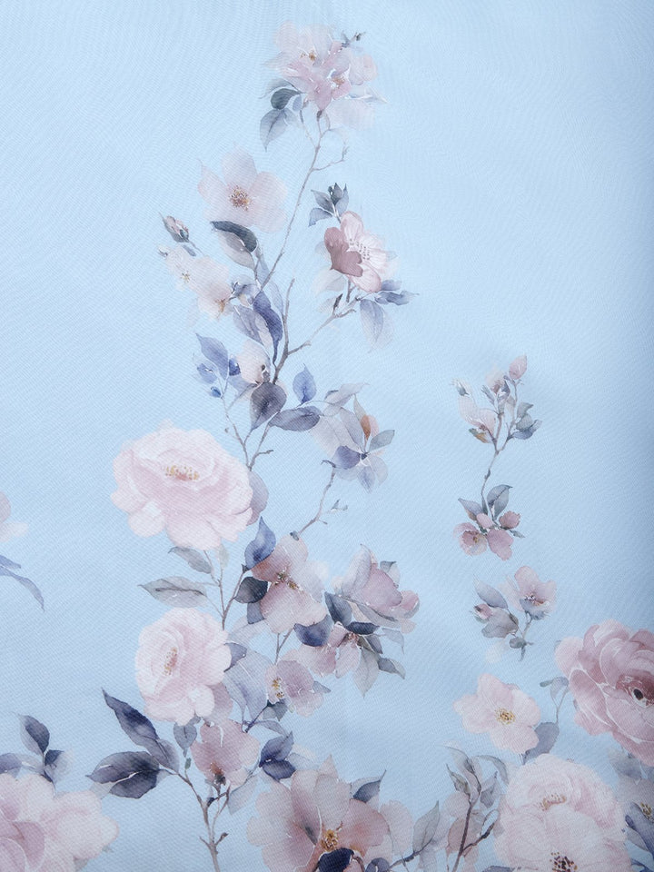 Light Blue Floral Chiffon V-Neck Sleeveless A-Line Maxi Dress