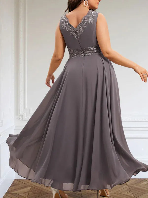 A-Line V-Neck Chiffon Mother of the Bride Dress with Sequins, Appliques, Lace, and Beading at Ankle Length