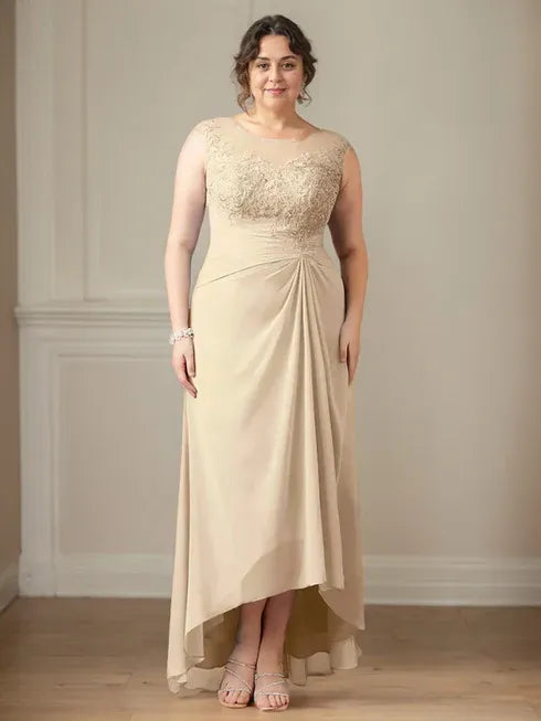 Champagne A-Line Lace and Chiffon Scoop Neck Dress