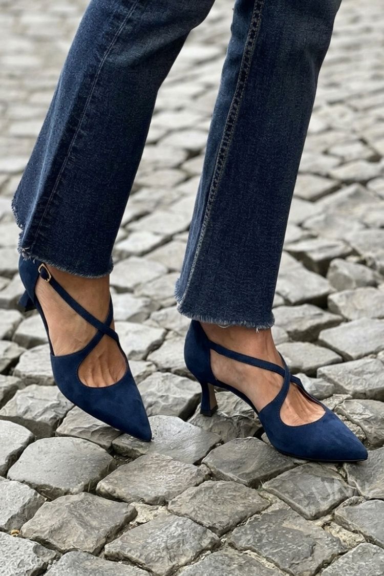 Irene | Low Pointed-Toe Solid Buckle Crossover Strap Heels