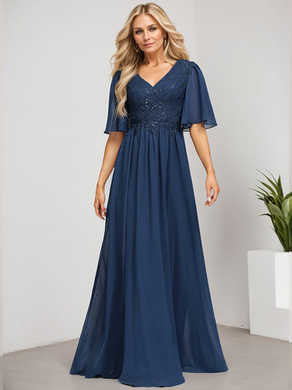 A-Line V-Neck Floor-Length Lace Chiffon Mother of the Bride Dress with Sequins