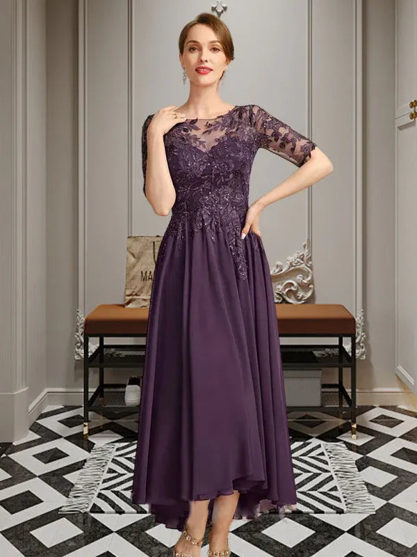 A-Line Scoop Neck Illusion Asymmetrical Chiffon and Lace Mother of the Bride Dress with Sequins